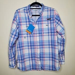 Columbia Women's Super Bahama Plaid Shirt Blue and Pink Size Small